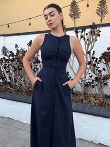 Andrea Bello 度假休闲纯色前扣无袖连衣裙 - 藏蓝色 - 查看 3