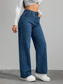 SHEIN Cottnline Casual Washed High Waist Straight Leg Jeans - Royal Blue - View 4