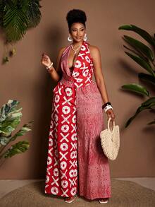 Maweii 大码女式度假风撞色抽象红色条纹印花垂褶领口宽松后背抽绳腰阔腿裤套装，适合派对、约会之夜、浪漫情人节、时尚外出、度假、海滩、音乐节等各种场合。 - 彩色 - 查看 3