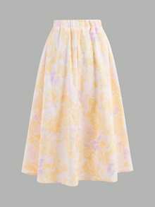 SHEIN Girlism Tween Girl Fitted Elegant Halter Backless Tank Top & Floral Print Skirt 2-Piece Set - Mustard Yellow - View 6