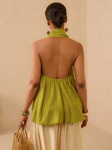 Vesra 女士绿色露背宽松无袖度假背心/衬衫 - 綠色 - 查看 2