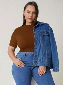 EMERY ROSE Plus Size Women's Solid Color Fitted Casual Daily Short Sleeve T-Shirt - Brown - View 1