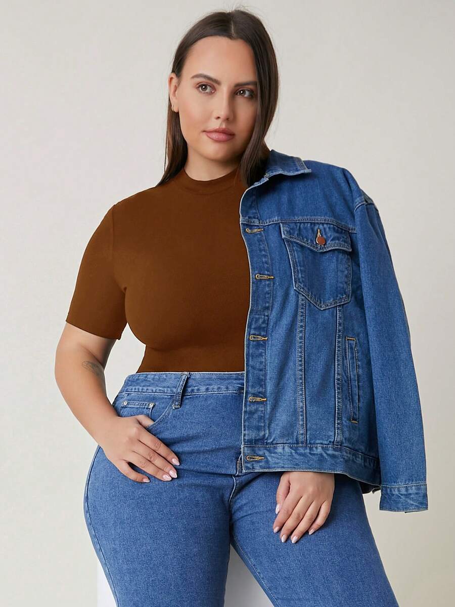 EMERY ROSE Plus Size Women's Solid Color Fitted Casual Daily Short Sleeve T-Shirt - Brown - View 1