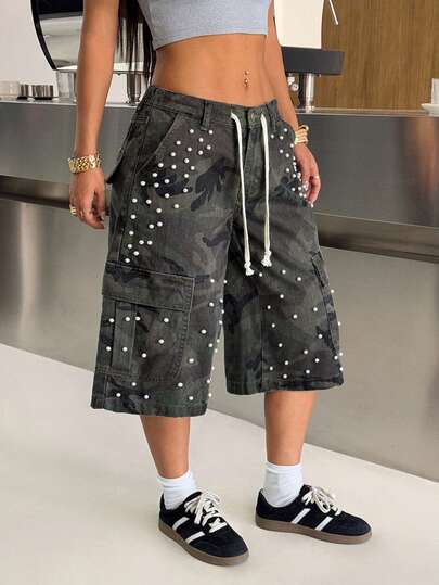 SHEIN PETITE Sommar PETITE Dam Kamouflage Cargo Pocket Y2K Camo Cargo Shorts Dam Pärlnibbade Baggy Vida Ben Dragsko Midja Denim Shorts Streetwear Mode Vida Ben Lösa Casual 7/8 Långa Jeans