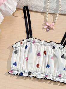 Cute Ribbed Heart Print Ruffle Trim Women's Bralette And Panty Set - Multicolor - View 4