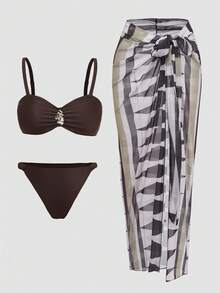 Swim Oasis Plus Size Brown Fashionable Sexy Casual Metal Decor Spaghetti Strap Bikini Set And Cover-Up Skirt Swimwear For Holiday - Brown - View 1
