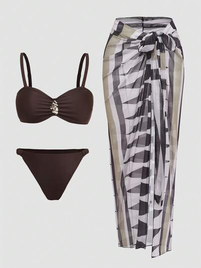 Swim Oasis Plus Size Brown Fashionable Sexy Casual Metal Decor Spaghetti Strap Bikini Set And Cover-Up Skirt Swimsuit For Holiday