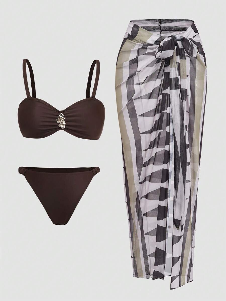 Swim Oasis Plus Size Brown Fashionable Sexy Casual Metal Decor Spaghetti Strap Bikini Set And Cover-Up Skirt Swimwear For Holiday - Brown - View 1