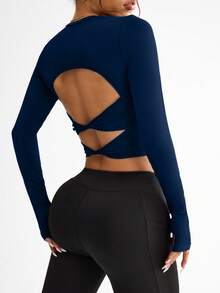 Slayform Damska jednokolorowa koszulka z długim rękawem i odkrytymi plecami do jogi i baletu - Granatowy - Zobacz 1