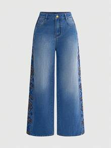 ROMWE Hippie Floral Embroidered Low-Waist Loose Unisex Denim Jeans - Multicolor - View 1