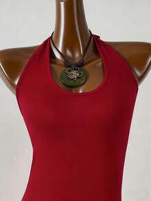 Lyxana Women's Solid Color Fishtail Hem Fitted Elegant Dress With Halter Neck - Red - View 5