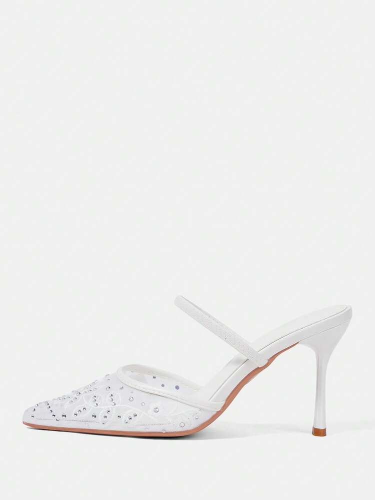 CUCCOO HITCHD Pointed Breathable Mesh Embroidery Rhinestone Hollow Fashion Elegant Versatile Sexy Fairy Banquet White High Heels Wedding Shoes Spring Shoes Bride Shoes
