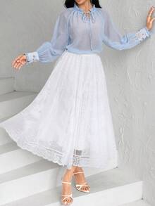 Modelyn White Elastic Waist Lace Women's Loose A-Line Skirt - White - View 3