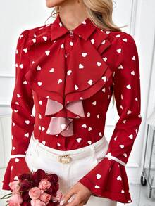 SHEIN Clasi Áo kiểu nữ tay bồng in hình trái tim, thích hợp cho ngày Valentine, màu đỏ mùa hè. - Nhiều màu - Xem 4