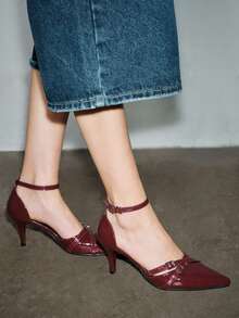 秋冬女士尖头露跟镂空高跟凉鞋，时尚性感，夏季新品，优雅猫跟，派对鞋 - 酒紅色 - 查看 5