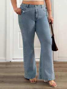 Plus Elastic High Waist Casual Flare Jean - Light Wash - View 5