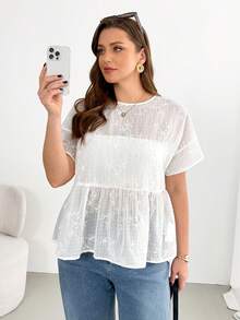 Shapeblank 大码女装春夏时尚休闲宽松舒适日常清爽透视刺绣白色短袖衬衫，夏季服装，女式衬衫，曲线可爱上衣，度假装扮 - 白色 - 查看 3