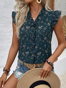 SHEIN LUNE Women's Ditsy Floral Casual Shirt With Flared Sleeves - Teal Blue - View 4