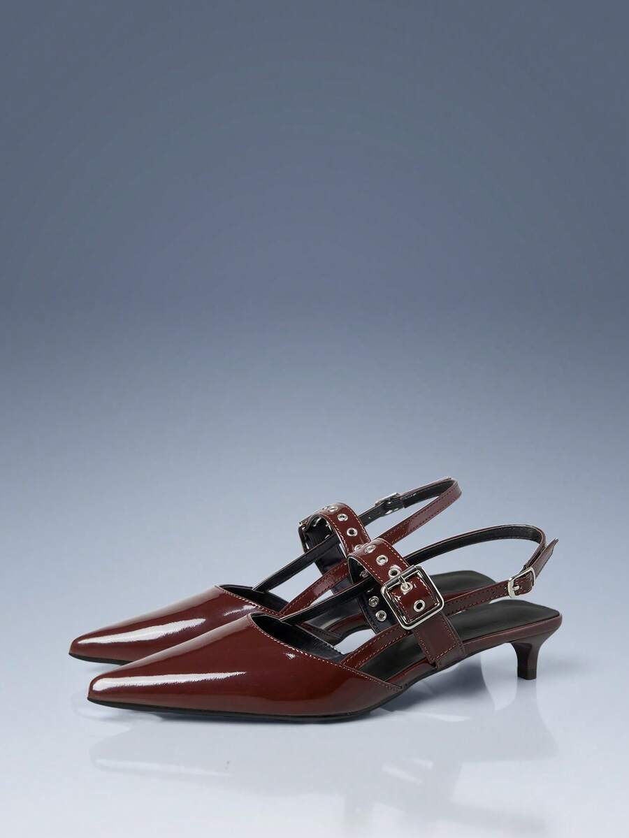 CUCCOO GRLICON Red Patent Leather Pointed Metal Buckle With Empty Kitten And Women's High Heels - Brown - View 1