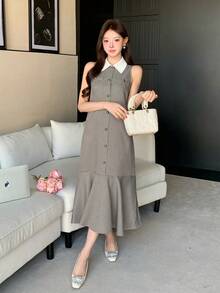 DAZY Women's Elegant Commuter Houndstooth Sleeveless Mid-Length Dress, Summer - Khaki - View 8