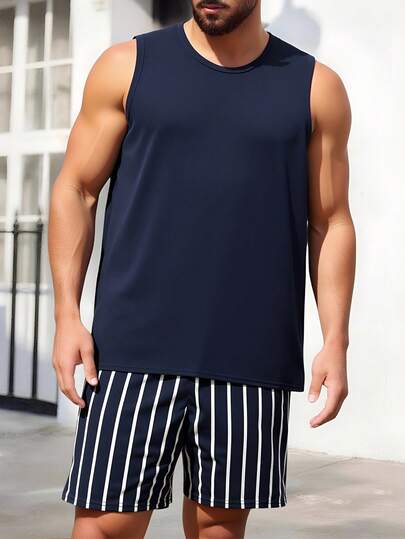 Pijama para Hombre sin Mangas Verano Set 2 Piezas Ligero Camiseta sin Mangas y Short Fresco y Cómodo Gris Oscuro Verde Oliva