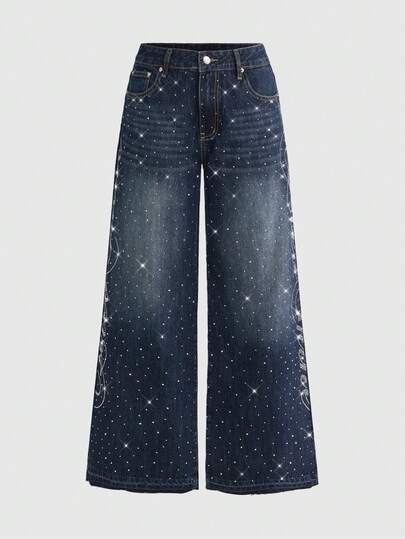 ROMWE Street Life Casual Street Letter Rhinestone Embellished Blue Denim Jeans For Women