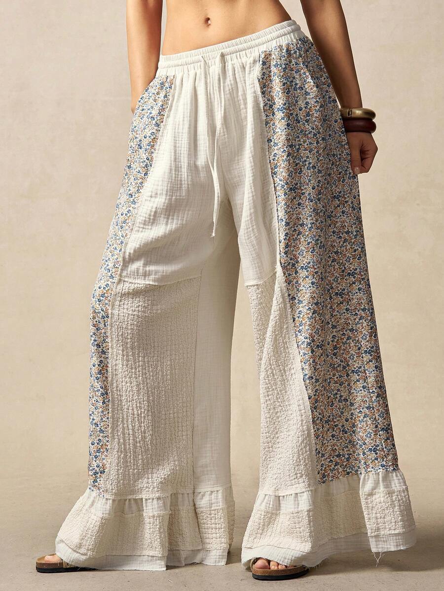 Bohemela Women's Casual Woven Print Patchwork Solid Color Loose Wide Leg Pants Vacations Women Summer For Women Holidays For Women White Pants Casual For Women Spring - Multicolor - View 1