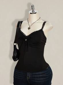 SHEIN ICON 大码女式蕾丝拼接褶皱扭结设计休闲百搭约会之夜吊带背心 - 黑色 - 查看 5