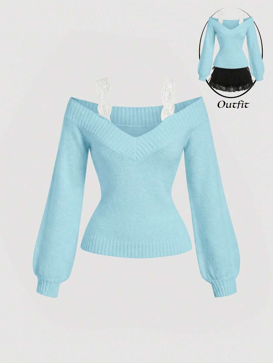 SHEIN MOD Áo len nữ màu xám phối ren đen 2 trong 1, thích hợp cho mùa thu/đông. - Màu xanh bạc hà - Xem 1