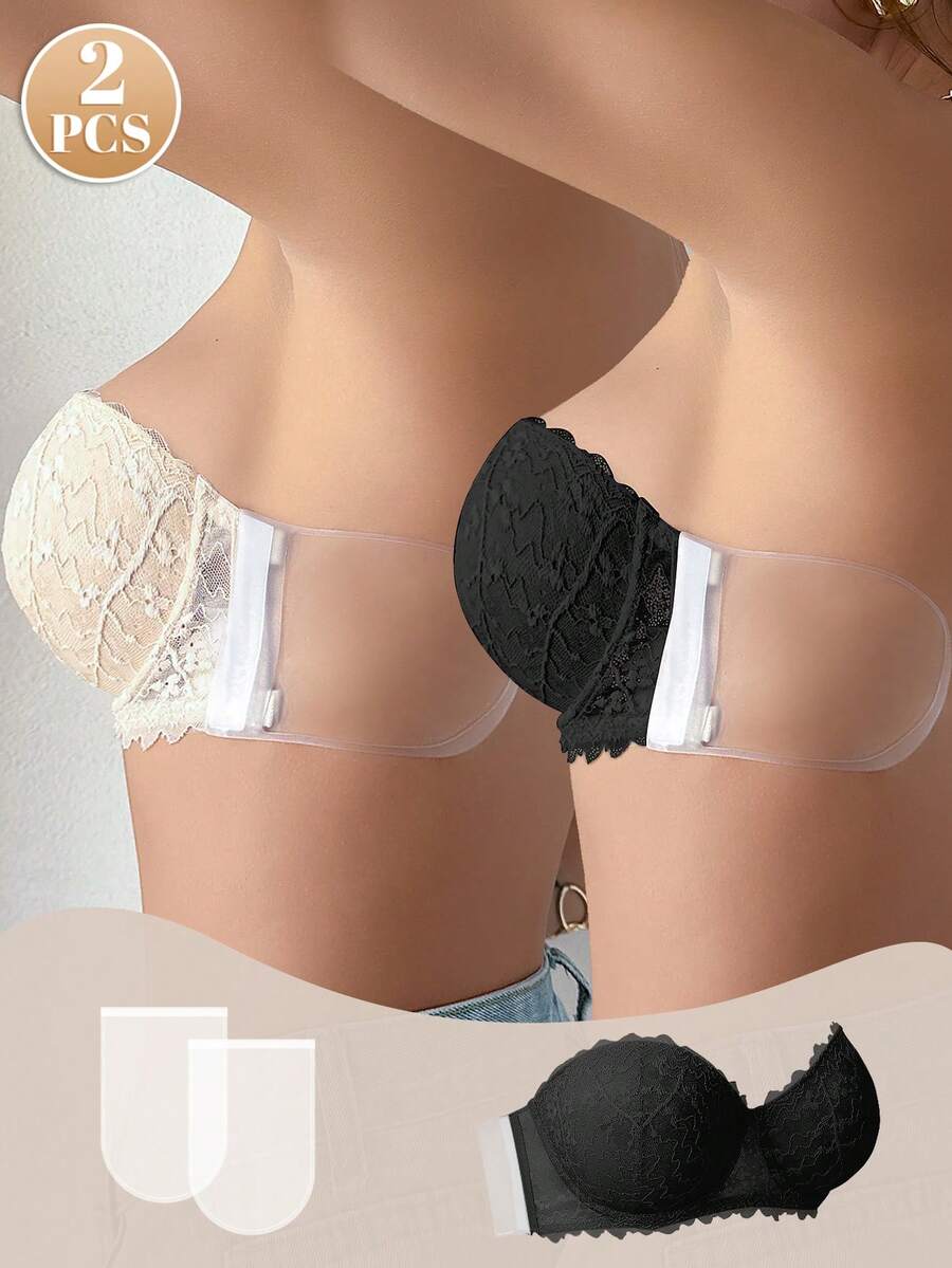 DesireSculpt Set de 2 sujetadores inalámbricos sin espalda de encaje, que levantan y realzan el busto pequeño, sujetador invisible sin tirantes - Multicolor - Ver 1