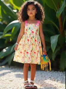 Young Girl Summer Casual Beach Vacation Floral Print Ruched Waist Dress - Multicolor - View 6