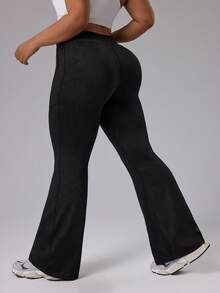 Rhythm Era Plus Size Women Solid High Waist Pockets Flared Sports Leggings - Black - View 2