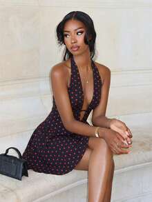 Mima John 女式性感波尔卡圆点印花露背挂脖迷你连衣裙，夏季 - 黑色 - 查看 3