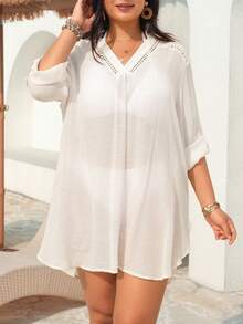 SHEIN Swim Curve New Apricot Color Shirt Dress, Vacation Style With Side Slit And Long Sleeves - Apricot - View 1