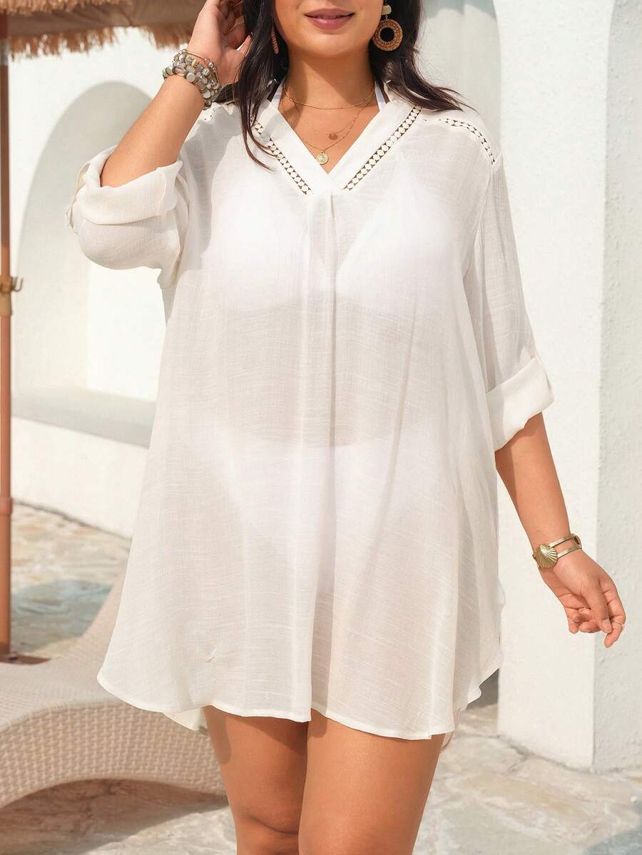 SHEIN Swim Curve New Apricot Color Shirt Dress, Vacation Style With Side Slit And Long Sleeves - Apricot - View 1