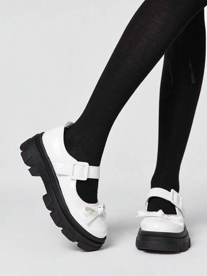 ROMWE Kawaii Ladies Wedge Heels And Platform Shoes Diablo Rock Punk Goth Shoes One-Buckle Mary Jane Small Leather Shoes Closed Bow Sweet Japanese JK Uniform Shoes