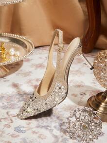 CUCCOO TILAWA 优雅时尚的女士尖头香槟色高跟鞋，饰有水钻/饰边/法式鞋跟，适合：日常穿着、正式活动和特殊场合、婚纱、晚宴、休闲度假、舞会、约会派对。 - 香檳色 - 查看 3