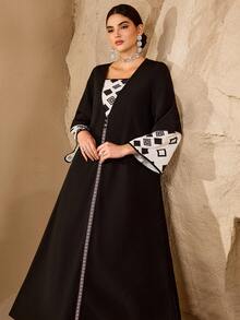 SHEIN Najma Đầm dài tay dáng rộng phong cách Ả Rập thường ngày, họa tiết hình học, phối nhiều mảnh, dành cho nữ. - màu đen - Xem 4