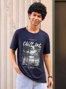 Open Phase Men's Summer Slogan & Palm Tree Print Round Neck Short Sleeve Casual T-Shirt - Navy Blue - View 4