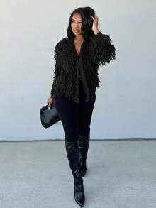 Alexandranx Solid Color Coil Knitted Cardigan,Long Sleeve Tops Fall Winter Cloth For Women - Black - View 4