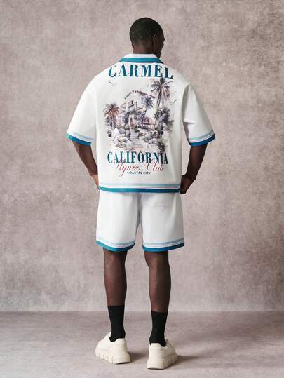 STYNVO Herrskjorta med kortärmad knapp och shorts, sommarklänning med palmträd och bokstavstryck, för semestern