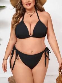 SHEIN CURVE+ Plus Size Women Black Side Drawstring Design Beach Vacation Bikini Set - Black - View 4