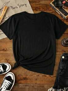 EMERY ROSE Women's Music Cat Letter Slogan & Flame Graphic Round Neck Short Sleeve T-Shirt - Black - View 2