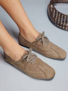 CUCCOO GRLICON 女士方头系带休闲平底乐福鞋 - 卡其色 - 查看 1