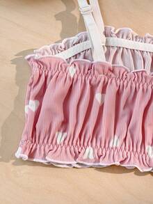 1pc Ribbed Heart Print Ruffle Trim Ladies' Wireless Bra - Multicolor - View 5