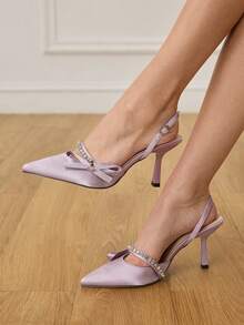 CUCCOO HITCHD 女士尖头高跟水钻蝴蝶结淡紫色缎面套脚鞋，优雅新娘、伴娘、婚礼宾客派对鞋 - 淡紫色 - 查看 2