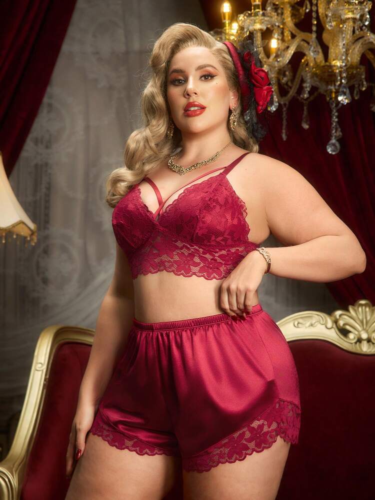 2pcs Lace Patchwork Crisscross Strap Camisole Top + Satin Shorts Set - Burgundy - View 4