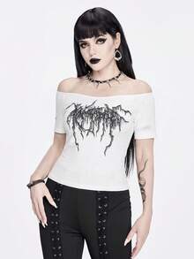 ROMWE Goth Camiseta de hombros descubiertos con estampado gráfico - Blanco - Ver 5