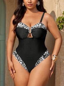 Swim Oasis Plus Size Tropical Print Patchwork One-Piece Swimsuit Cover Up With Skirt - Black - View 3