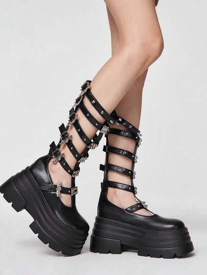 ROMWE Women Heeled Sandals~ 2026 New Fashion Spring And Autumn Punk Style Dark Round Toe Rivet Metal Buckle Belt Buckle Summer Hollow Long Boots Square Heel Niche Design Roman Cool Boots Women